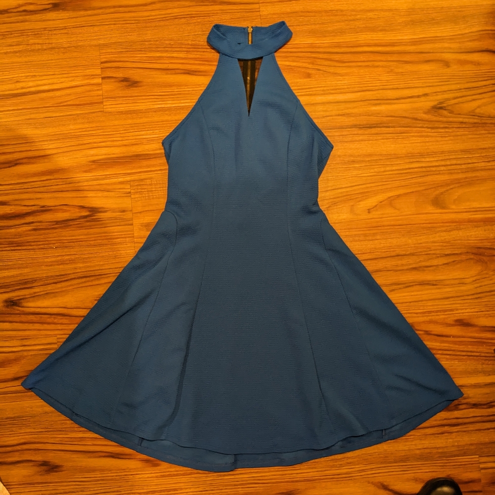 Royal Blue Choker Halter Dress w/ Black Mesh Details - Size Medium